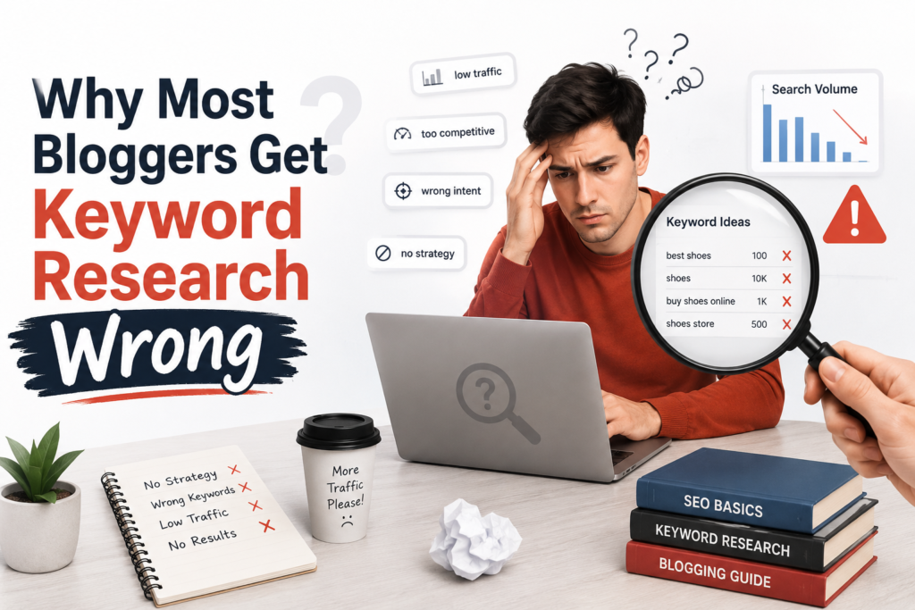 Illustration of a blogger making common keyword research mistakes while analyzing SEO keywords on a laptop.
