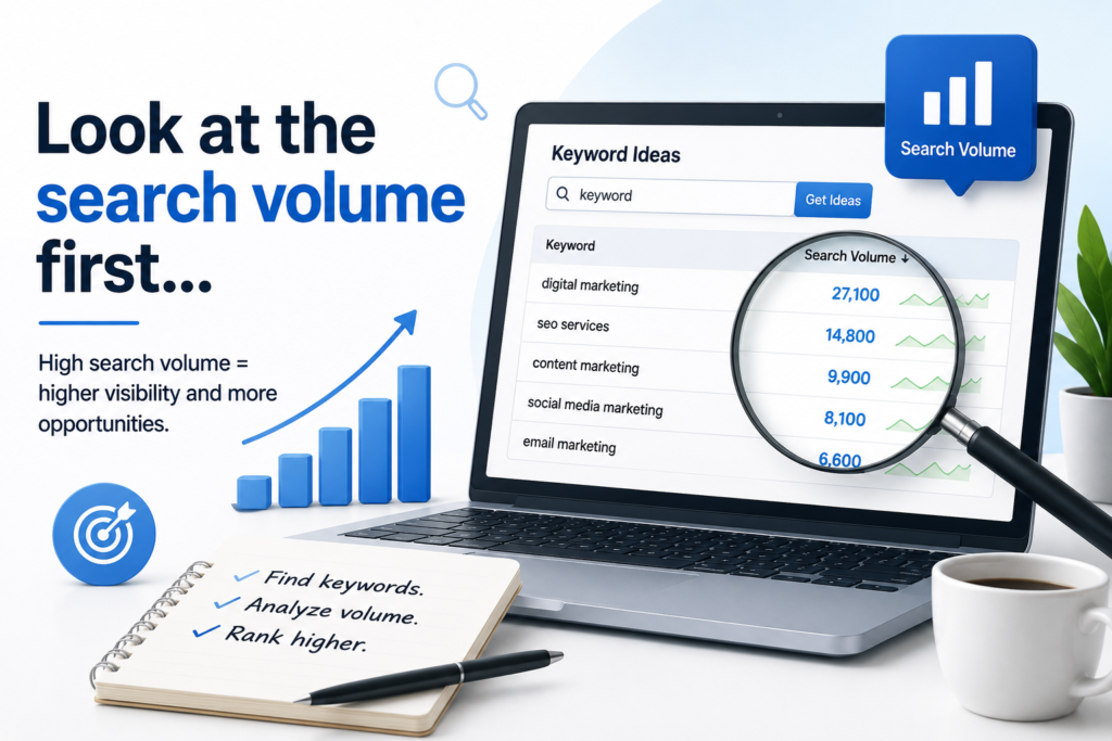 Illustration of SEO keyword research showing a laptop displaying keyword search volume data, a magnifying glass highlighting search metrics, and a bar chart emphasizing the importance of checking search volume first before choosing keywords.