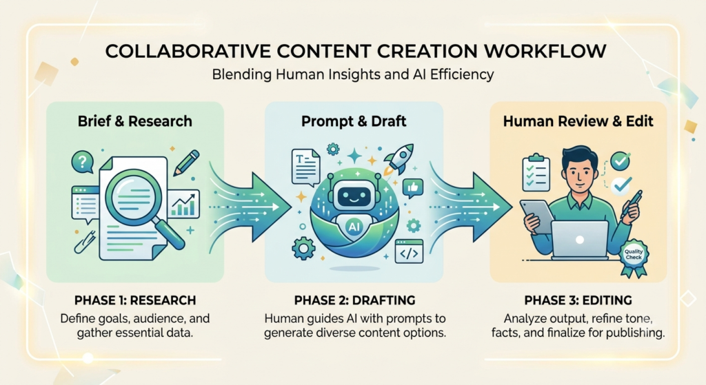 Three-phase AI marketing workflow showing brief and research, AI draft generation, and human editing phases