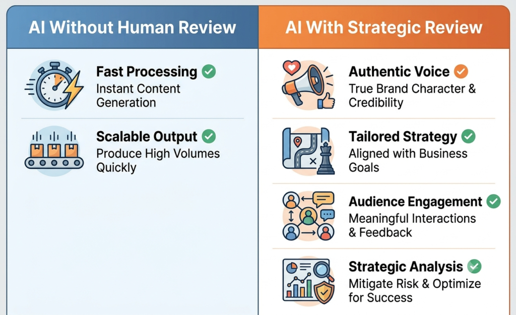 Visual comparison showing benefits of AI with human review versus AI without review in marketing content